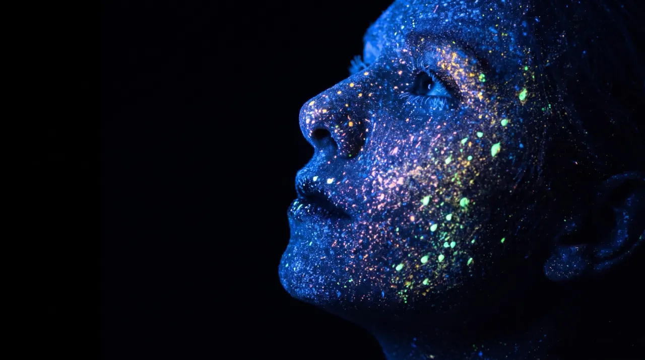 A face in profile, looking up, covered in glowing glitter